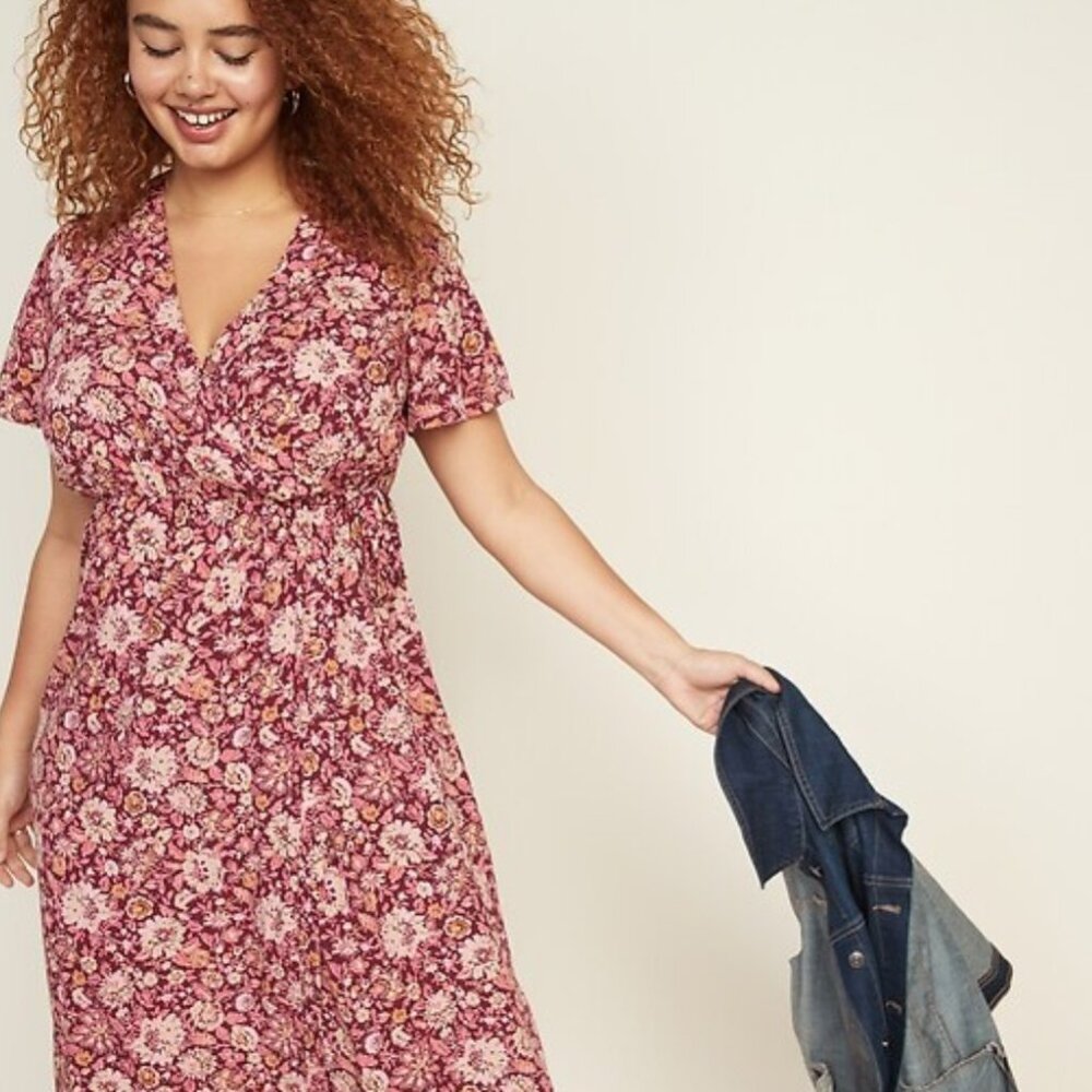 Old Navy Pink Floral Wrap Dress Size 3X Cottagecore Whimsy Fairy Midi